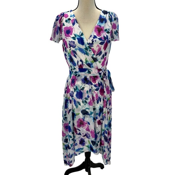 Dkny Dresses & Skirts - DKNY Short Sleeve Floral Print Faux Wrap Midi Dress - Purple Blue White - size 8
